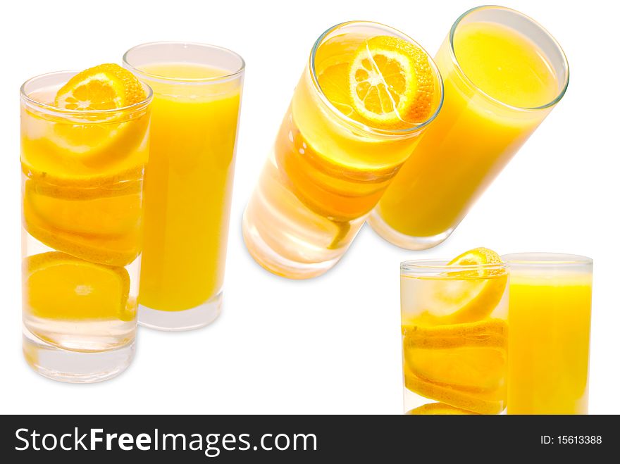 A set of orange juice on a white background