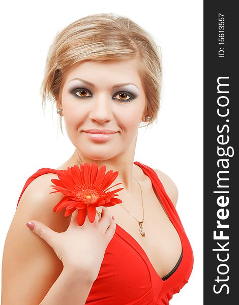 Portrait of Beautiful woman with flowers isolated on white