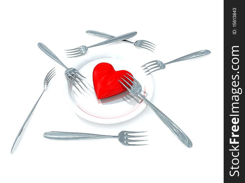 Red heart on plate with metal forks. Red heart on plate with metal forks