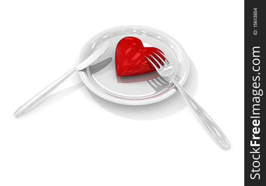 Red heart on plate with fork and knife. Red heart on plate with fork and knife