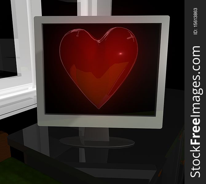 Volume red heart in computer display. Volume red heart in computer display