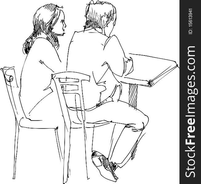sketching of pair of young people at the table during intercourse. sketching of pair of young people at the table during intercourse