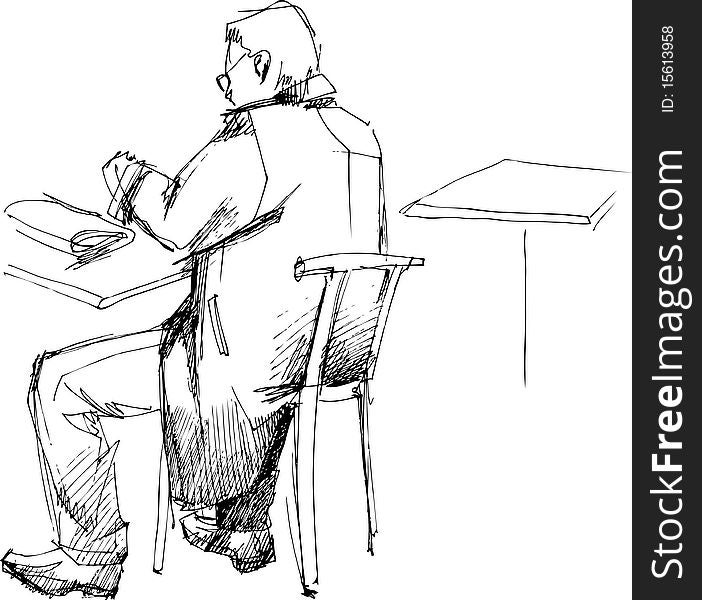 sketching of man in an overcoat at the table from the back