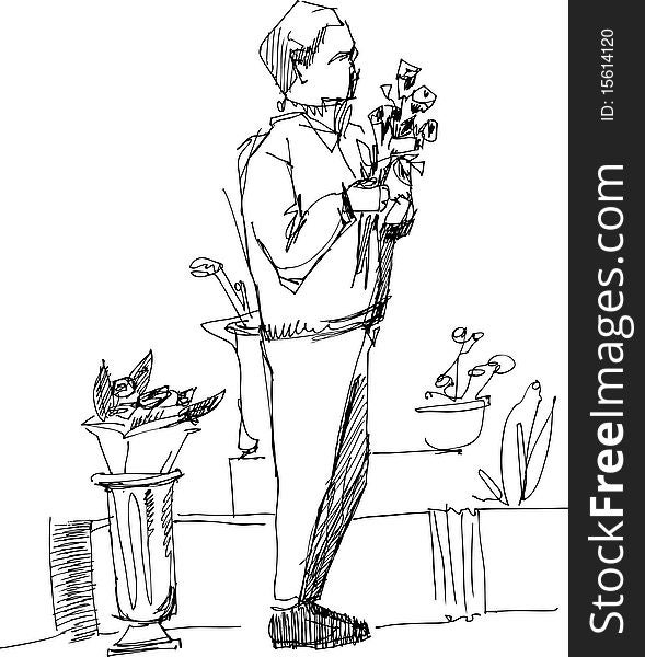 image of fellow with a bouquet in a floral bench