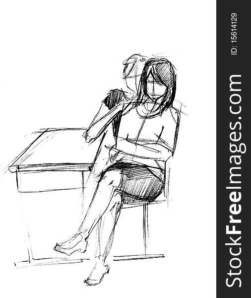 Girl After A School Desk