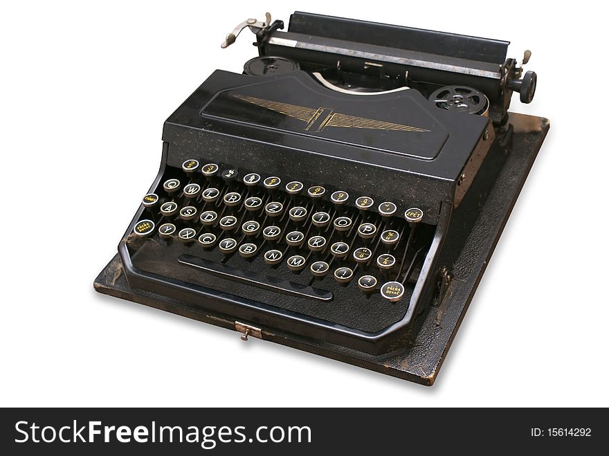 The old typewriter on a white background. The old typewriter on a white background