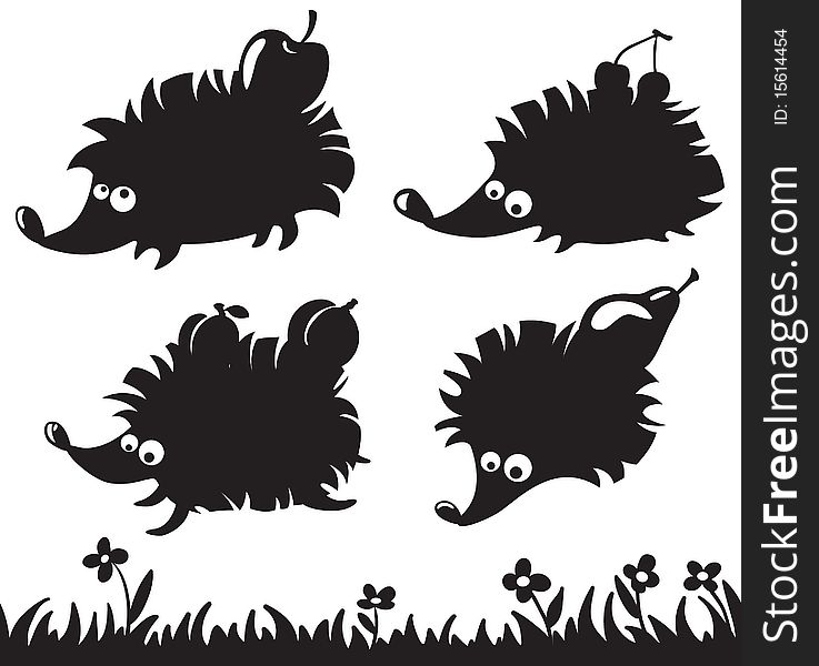 Silhouettes of hedgehogs with fruit on the back and grass seamless. Silhouettes of hedgehogs with fruit on the back and grass seamless