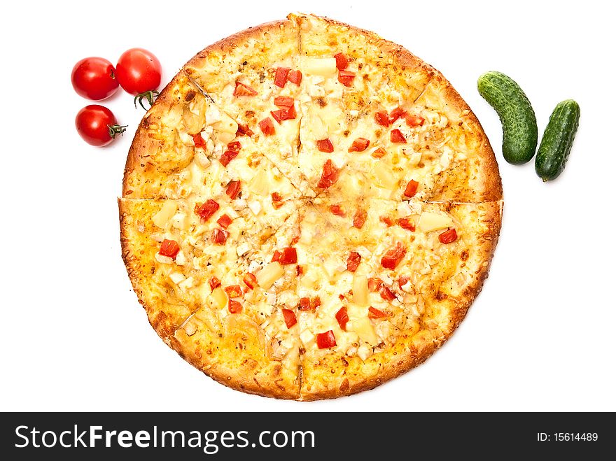 Fresh pizza with a vegteables. Isolated on white.