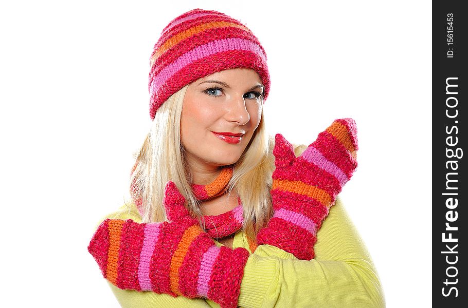 Seasonal portrait of pretty funny woman in hat and gloves smiling. white background. Seasonal portrait of pretty funny woman in hat and gloves smiling. white background