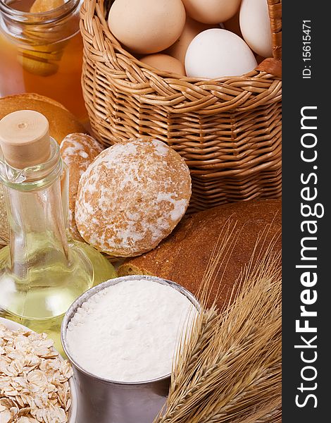 Set of bakery products on table