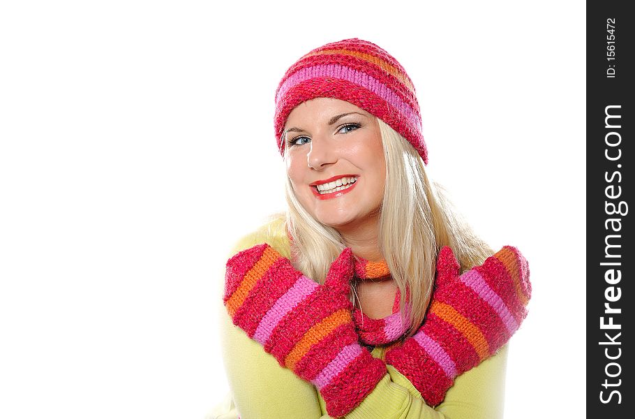 Pretty funny winter woman in hat and gloves