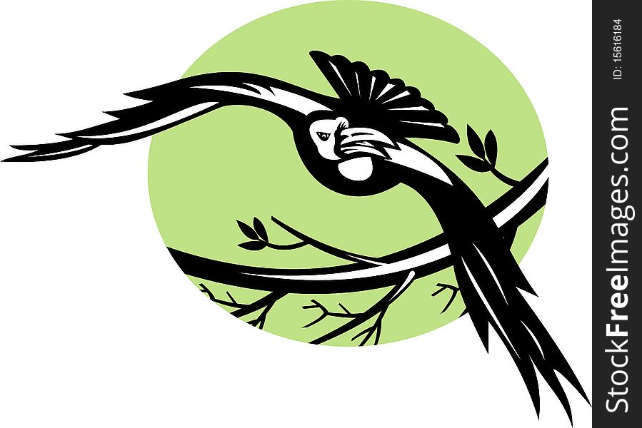 Illustration of a Raven bird flying with branch