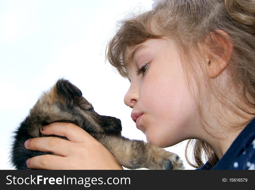 The child holds a small puppy on hands and wishes it to kiss. The child holds a small puppy on hands and wishes it to kiss
