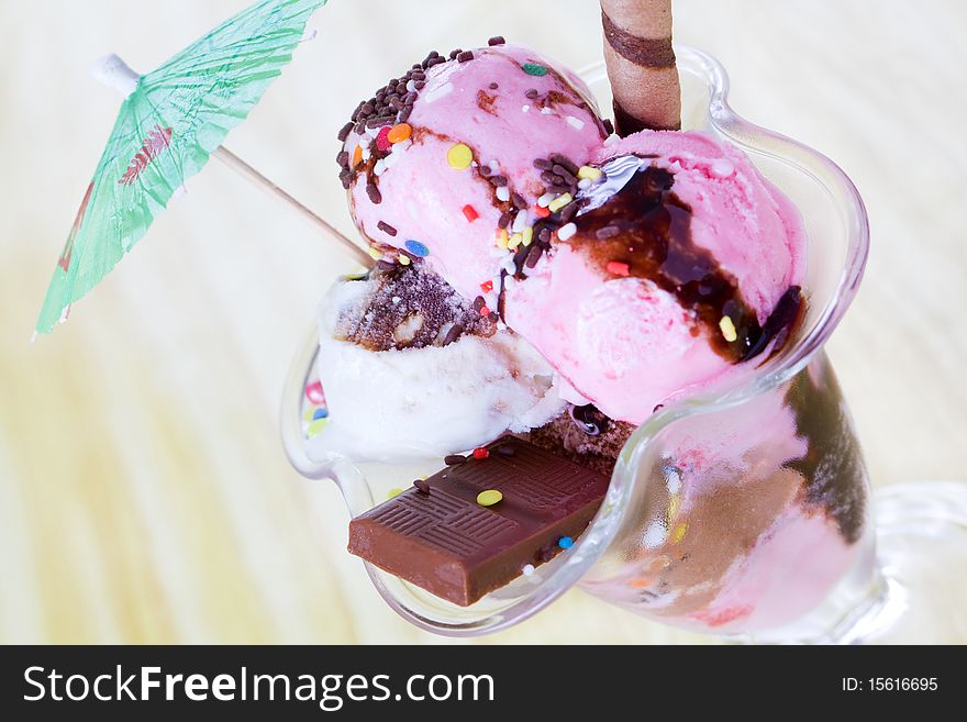 Close up of nicely garnished icecream in a glass cup. Close up of nicely garnished icecream in a glass cup
