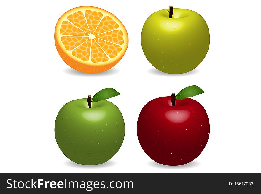 Image of a various apples and an orange isolated on a white background. Image of a various apples and an orange isolated on a white background.
