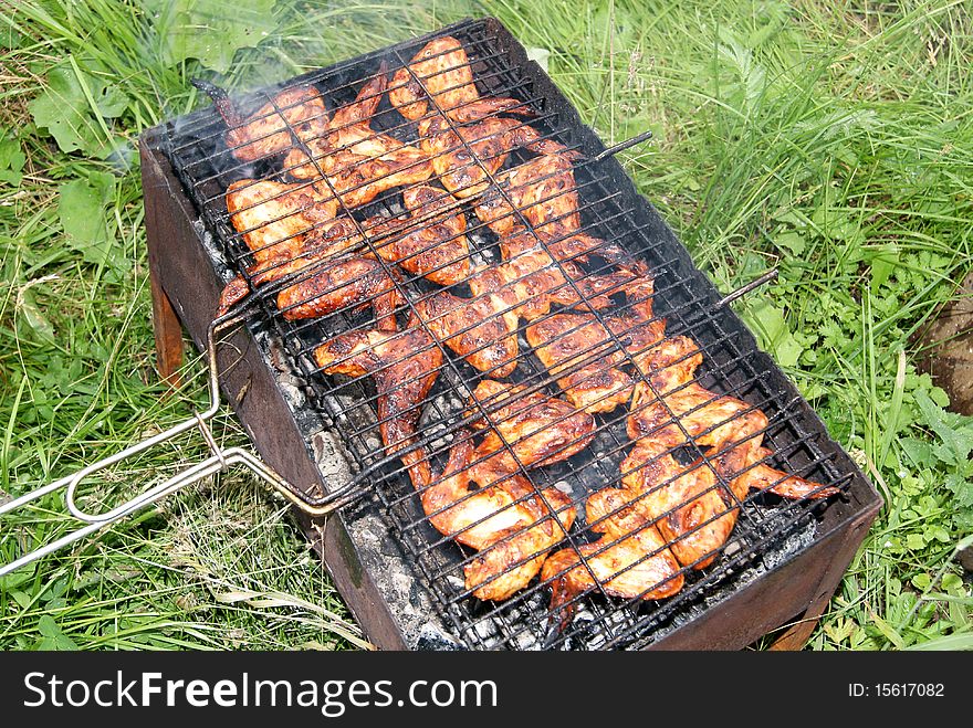 In the summer on a green grass in a brazier fry shish kebabs from a hen