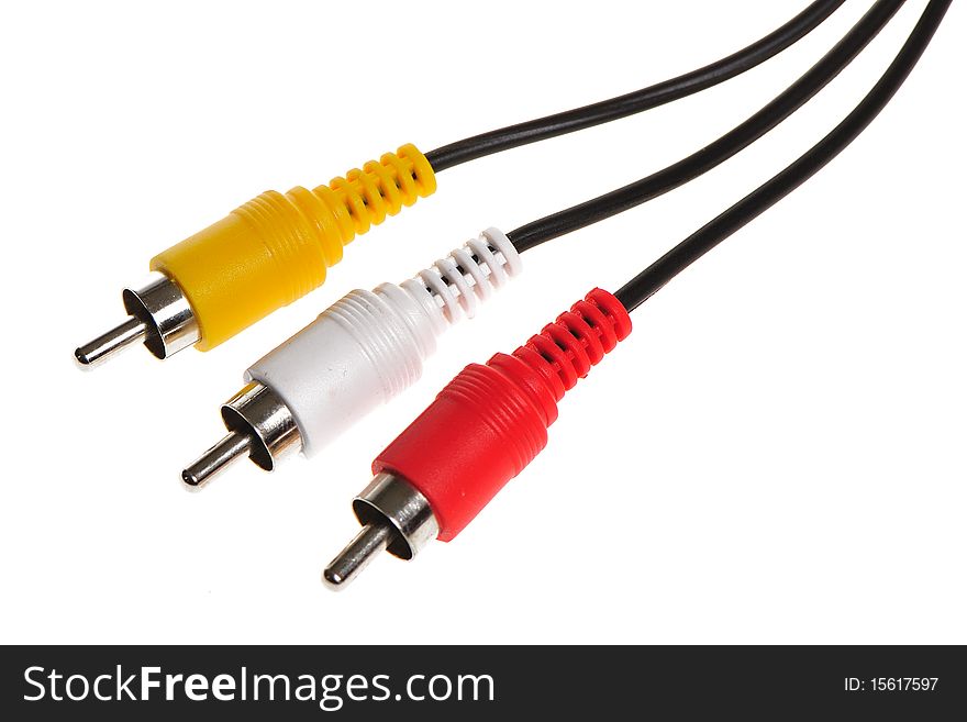 Three audio visual plugs in red, yellow, and white. Three audio visual plugs in red, yellow, and white.