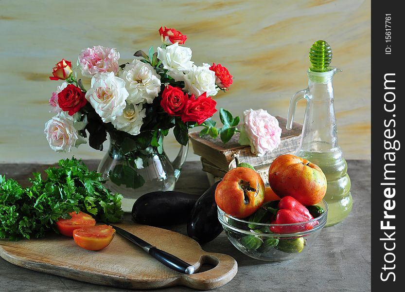 Still life with roses and vegetables