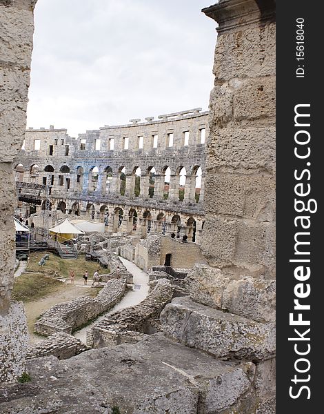 The part of amphitheatre in Croatia. Macro image