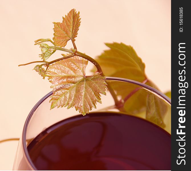 Red Wine in Glass with Grape Leaves