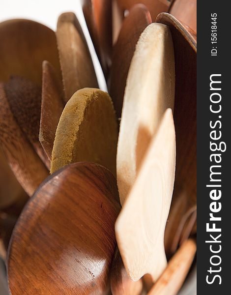 Collection of wooden spoons photographed closeup.