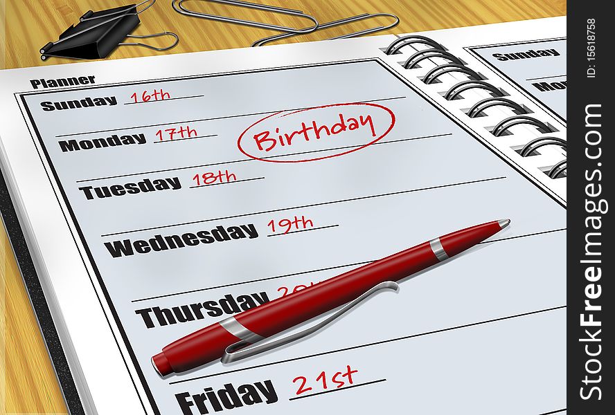 Digital illustration of a Birthday entry in a daily planner. Digital illustration of a Birthday entry in a daily planner.