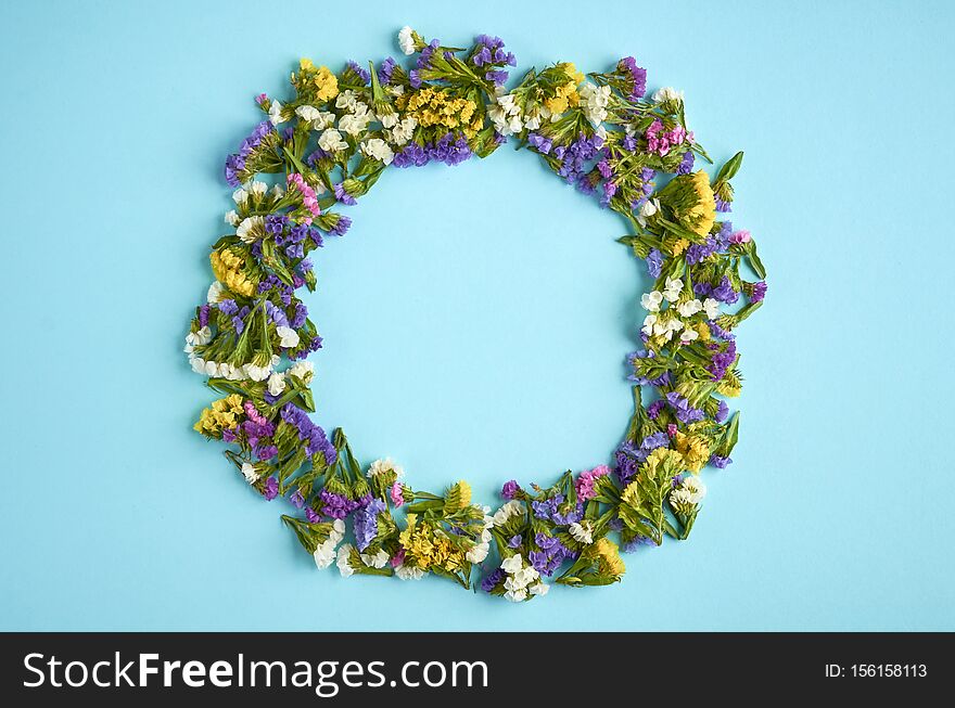 Colored flowers on blue background composition, circle shape. Flat lay
