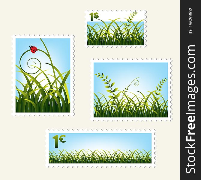 Stamps with fresh green grass,. Stamps with fresh green grass,
