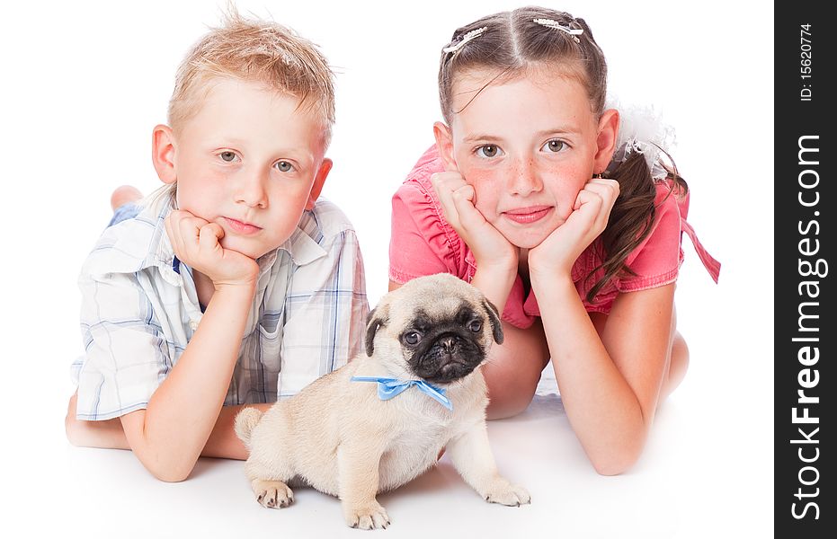 Brother and sister. Isolated on white background