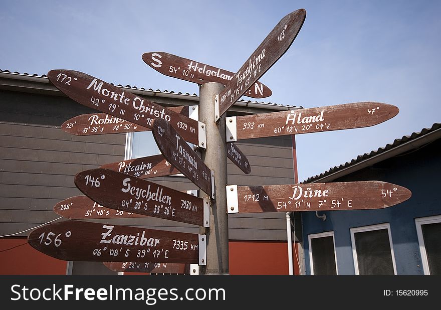 Lot of signs showing to everywhere from Helgoland Island in Germany. Lot of signs showing to everywhere from Helgoland Island in Germany.