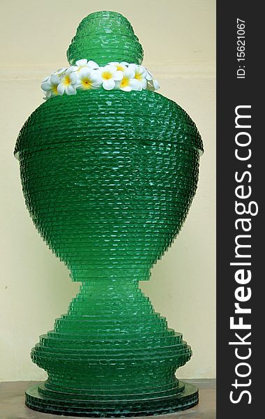 Vase decoration by white flower which is Thai style, Thai art make by glass material. Vase decoration by white flower which is Thai style, Thai art make by glass material