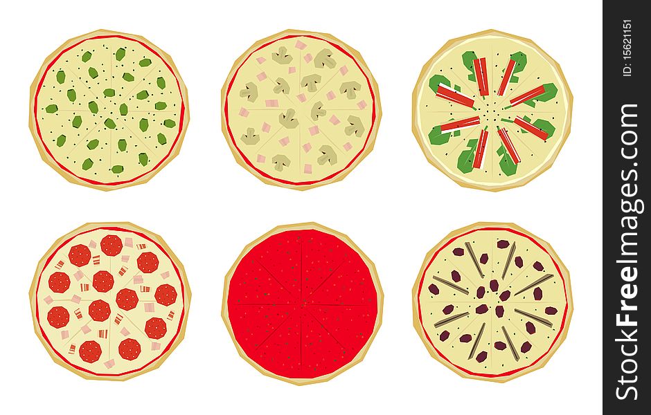 Six italian pizzas with different toppings. Six italian pizzas with different toppings