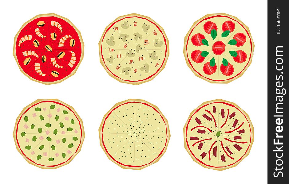 Six italian pizzas with different toppings. Six italian pizzas with different toppings