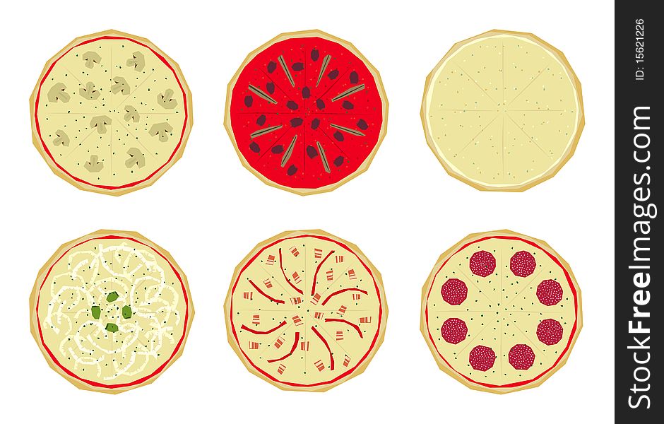 Six italian pizzas with different toppings. Six italian pizzas with different toppings