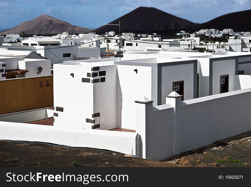 Village at Lanzarote with vulcanos