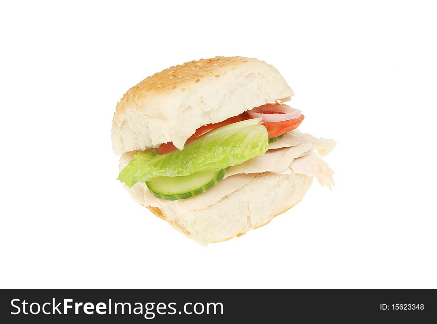 Chicken and salad bread roll isolated on white. Chicken and salad bread roll isolated on white