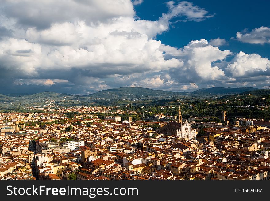 View of roofs with Santa Croce church in Florence. Shooted from viewpoint on Santa Maria del Fiore. View of roofs with Santa Croce church in Florence. Shooted from viewpoint on Santa Maria del Fiore