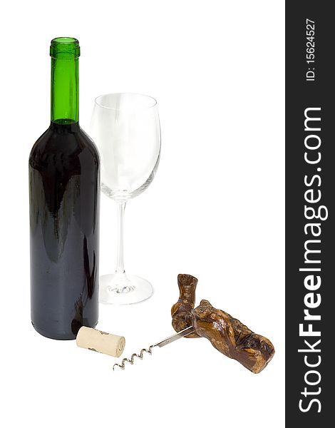 Bottle wine, a glass and a corkscrew, on a white background. Bottle wine, a glass and a corkscrew, on a white background