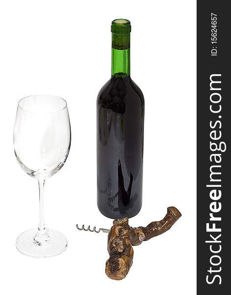 Bottle wine, a glass and a corkscrew, on a white background. Bottle wine, a glass and a corkscrew, on a white background