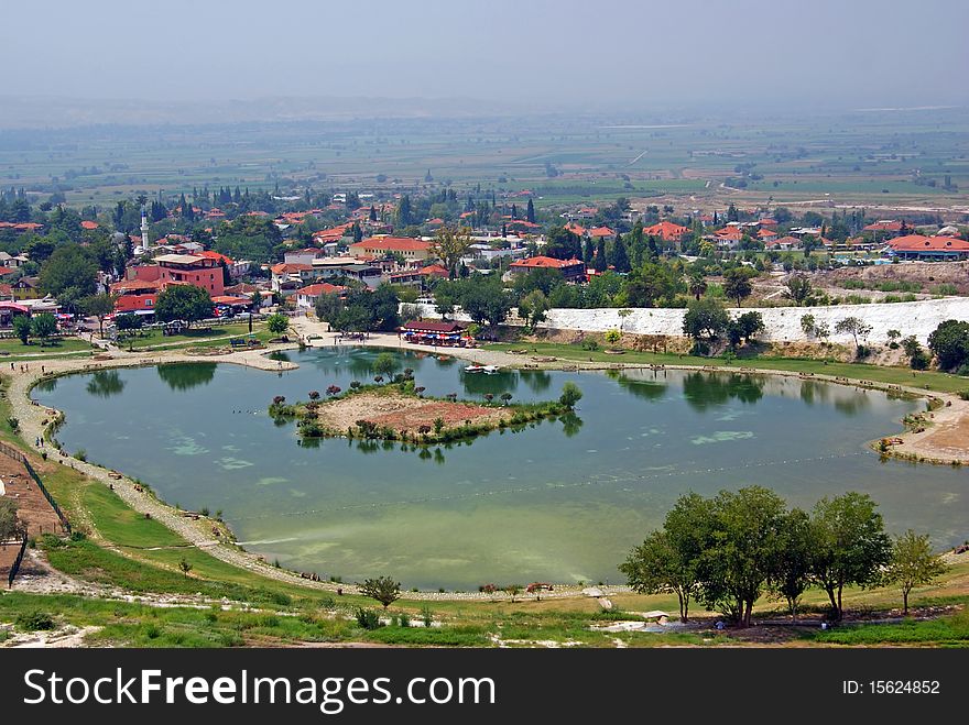 Beautiful landscape with island on lake at pamukkale in turkey