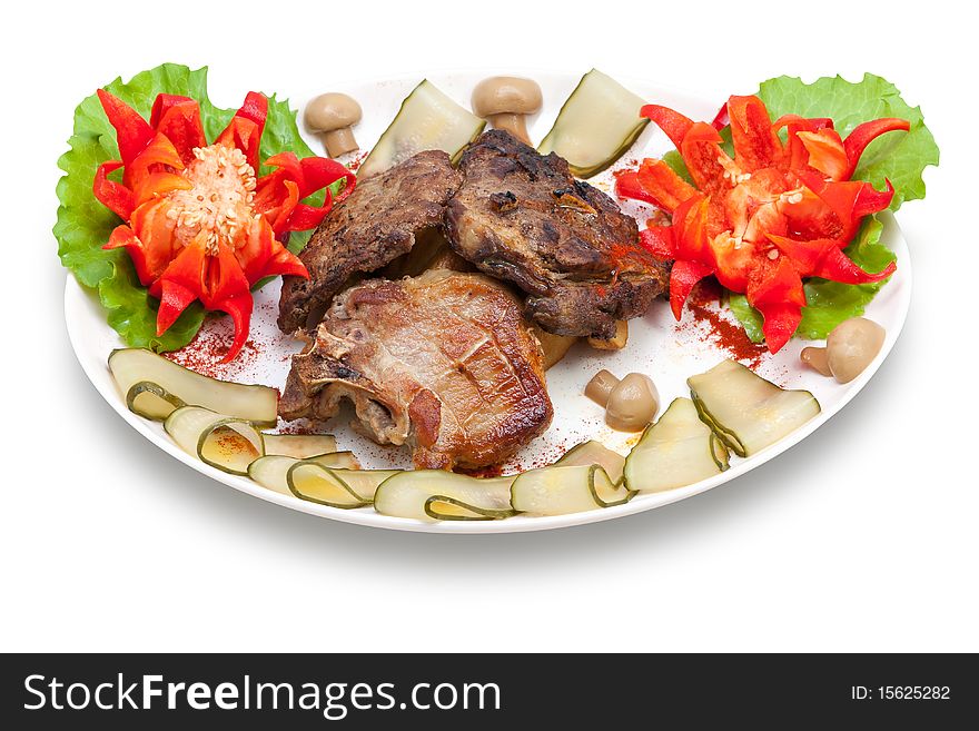 Meat dish steak with vegetables and herbs