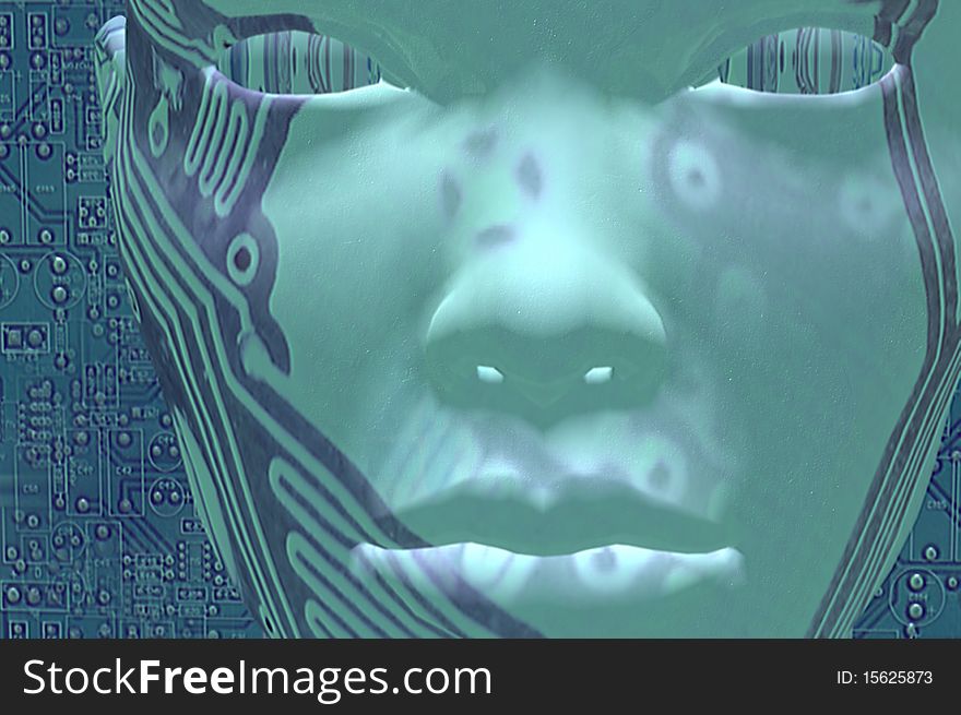 Render of circuit board digital integrated face. Render of circuit board digital integrated face