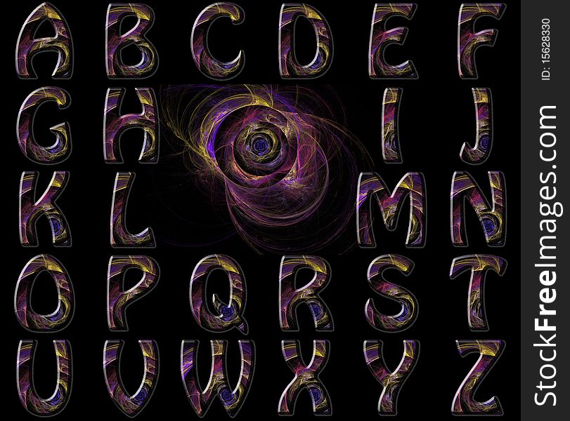 3d Abstract color swirl style American English Alphabet over black. 3d Abstract color swirl style American English Alphabet over black.