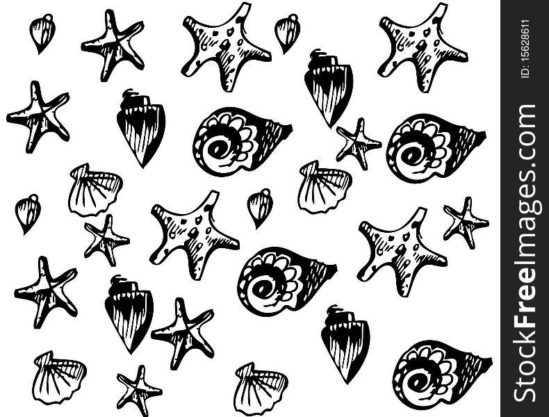 The white image of sea animal stars and cockleshells is black. The white image of sea animal stars and cockleshells is black