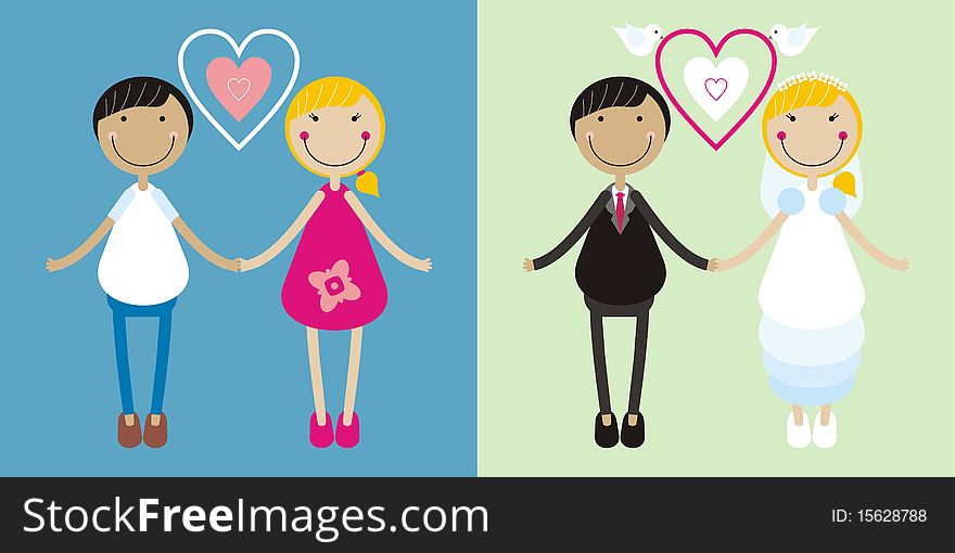 Vector work. couple meets and marries. Vector work. couple meets and marries