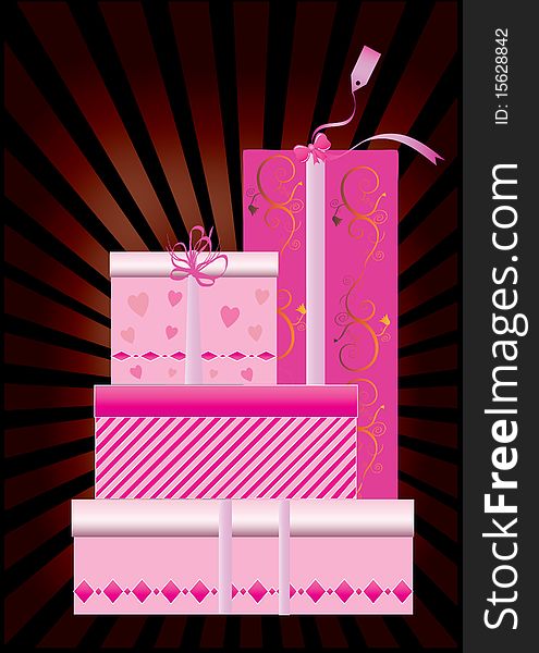 A set of pink gift boxes with pink ribbons and ray background