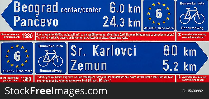 Bicycle road sign in Belgrade at river Sava