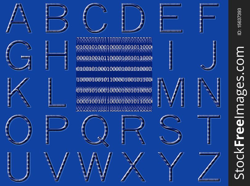 Binary code alphabet with matching background over blue. Binary code alphabet with matching background over blue.