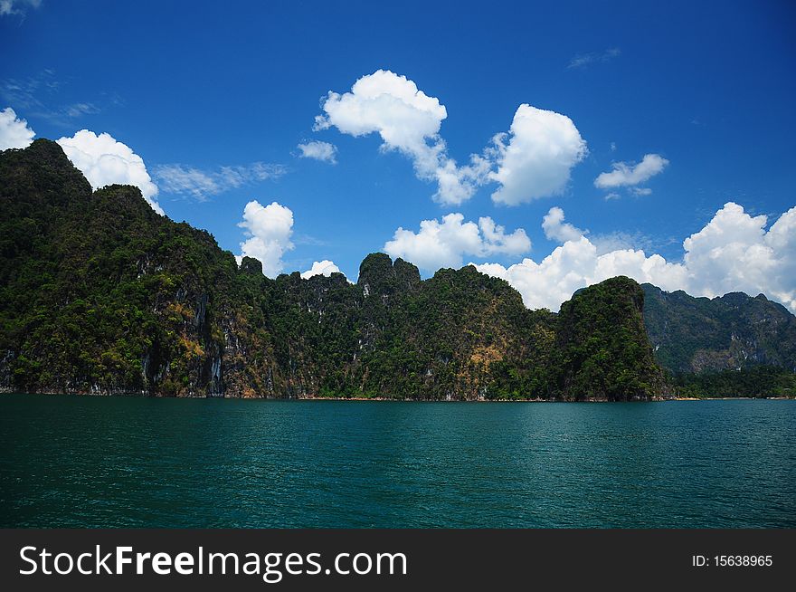 Lake and mountain under the blue sky at Kao Sok, the beautiful place in the south of Thailand.