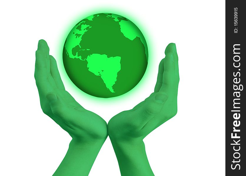Green hands holding the world globe. Green hands holding the world globe